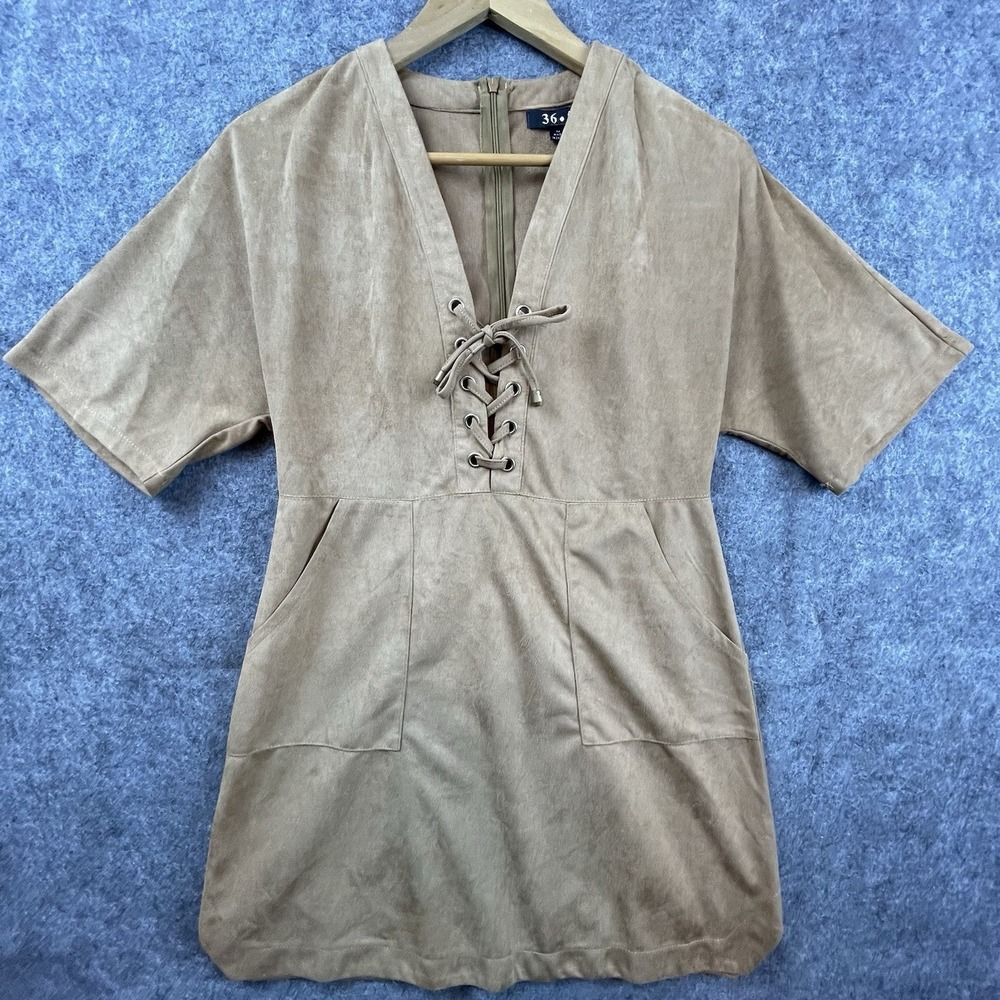 36.5 Dress Medium Tan Faux Suede Lace Up Front Boho Chic Earthy‎ Festival